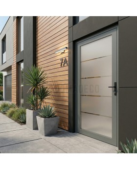 Porte d'entrée en aluminium gris dépoli avec quatre bandes transparentes