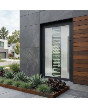 Porte simple en aluminium anthracite avec décor transparent