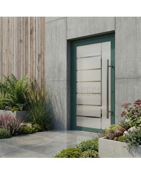 Porte extérieure en aluminium dépoli vert avec décor transparent