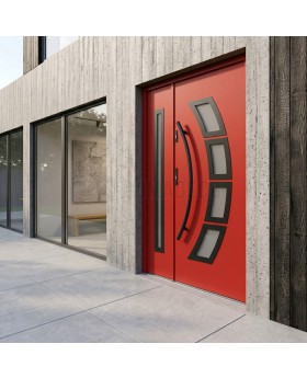 porte d'entrée moderne en acier rouge avec panneau latéral