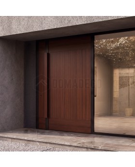 porte d'entrée en aluminium recouverte de bois de mahogany sublimé
