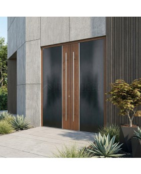 Porte d'entrée double en aluminium anthracite avec décor en bois de chêne doré
