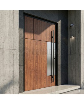 Porte d'entrée en aluminium anthracite texture bois avec décor inox