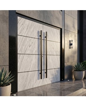 Porte d'entrée double en aluminium recouverte d'un revêtement imitant la pierre blanche