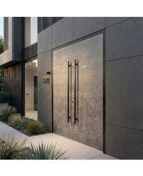 Porte d'entrée double en aluminium noir recouverte de quartz fritté