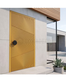 Porte d'entrée pivotante jaune avec motif fraisé