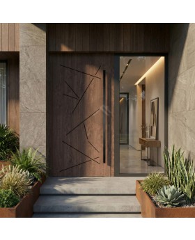 Porte d'entrée en aluminium couleur noyer avec bandes