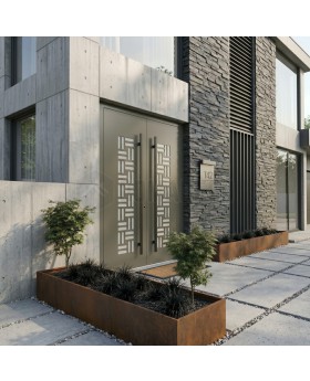 Porte d'entrée double en aluminium gris olive avec vitrage décoratif