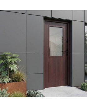 Porte d'entrée en métal couleur acajou avec vitrage