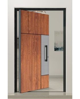 PIVOT V35 - porte d'entrée en aluminium texture bois avec décor inox