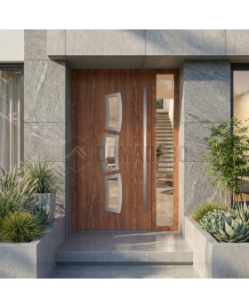 Porte d'entrée moderne en aluminium doré chêne