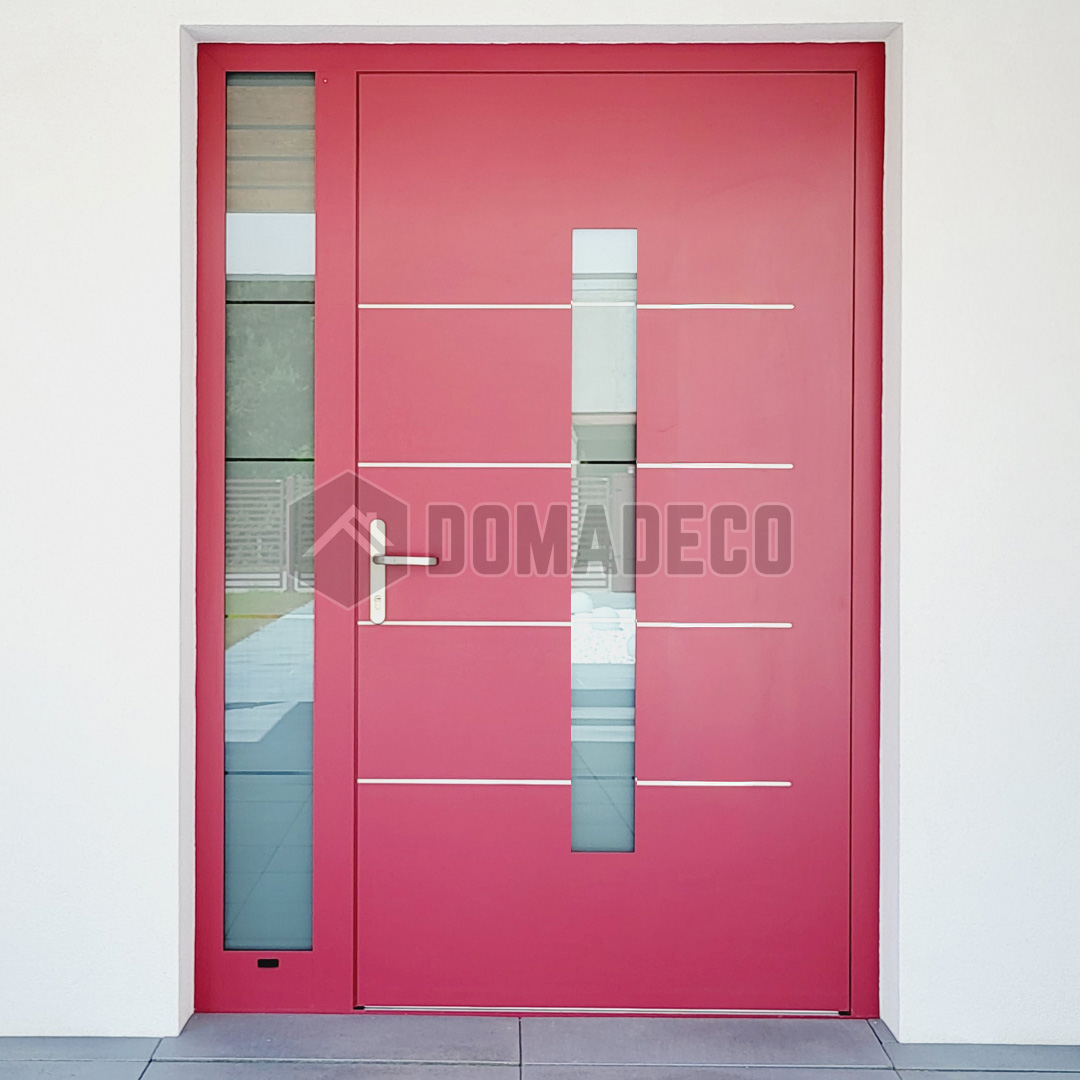 Porte en aluminium rouge avec panneau latéral à gauche