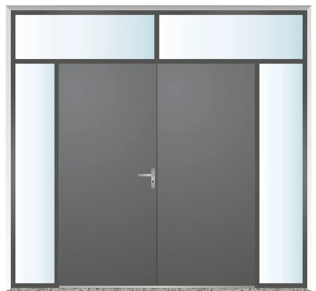 Porte double avec fenêtres latérales gauches, droite et supérieures